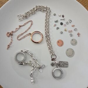 Origami Owl Silver and Rose Gold Jewelry Set with Charms
